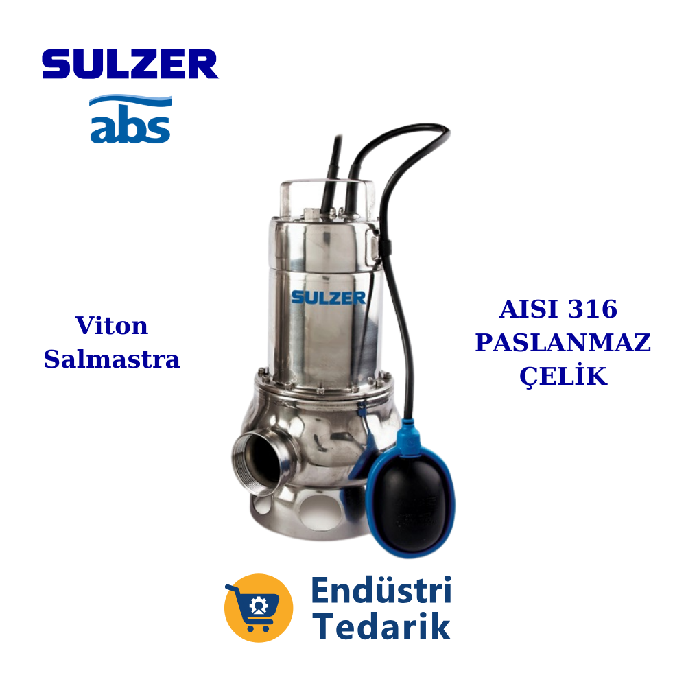 SULZER ABS IP900 DKS Trifaze (380V) + Flatörlü AISI 316 Paslanmaz Agresif Atıksu Dalgıç Pompa