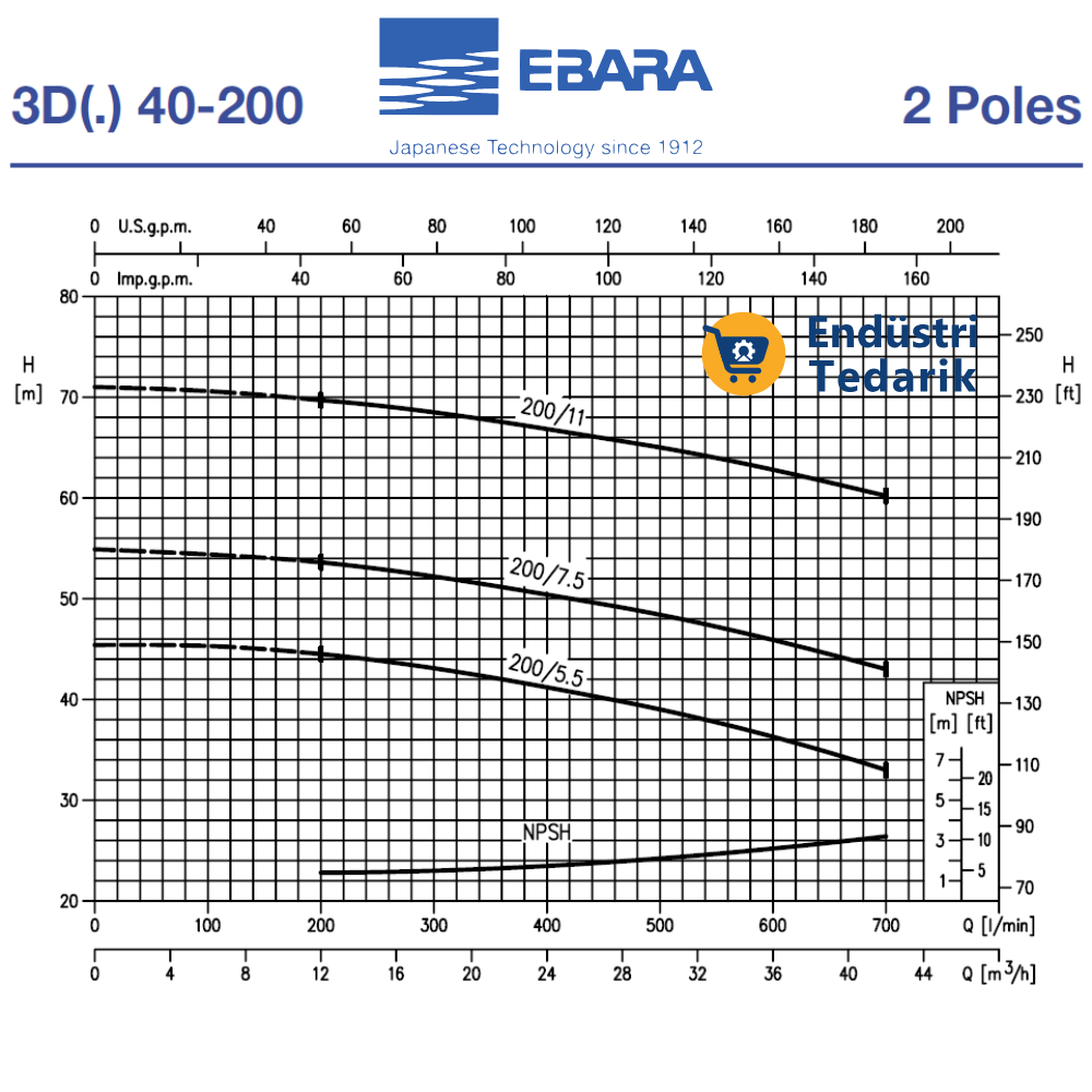 EBARA 3D 40-200/11 Trifaze Monoblok Yatay Tek Kademeli Döküm Santrifüj Pompa - Görsel 2