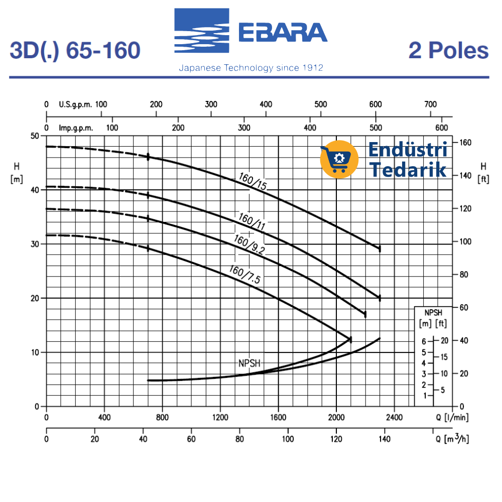 EBARA 3D 65-160/15 Trifaze Monoblok Yatay Tek Kademeli Döküm Santrifüj Pompa - Görsel 2