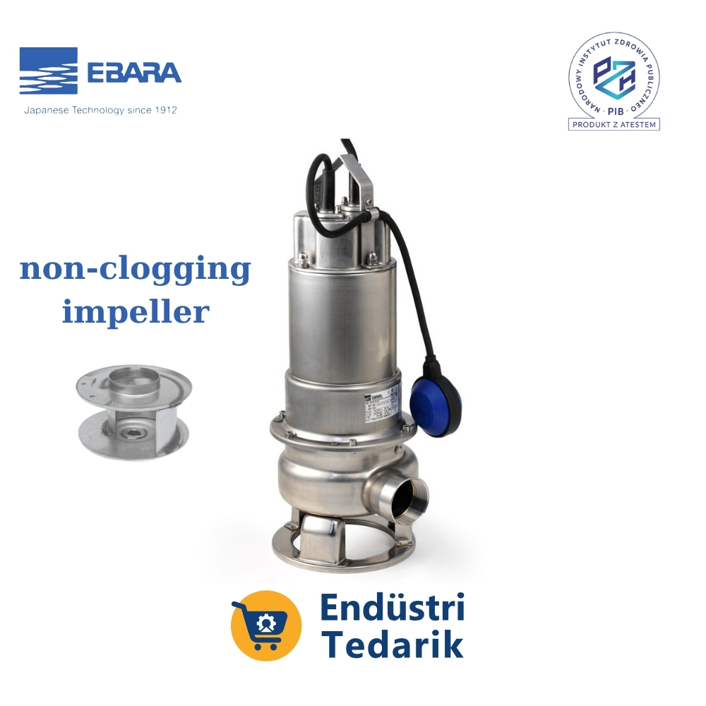 EBARA DW 100 MA Monafaze Tıkanmaz Fanlı Komple Paslanmaz Atıksu Dalgıç Pompa (AISI 304)