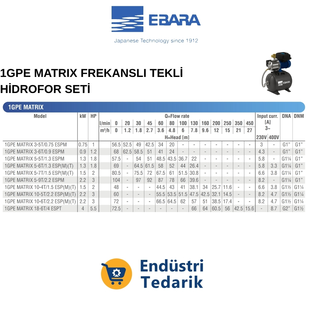 EBARA 1GPE MATRIX3-5T/0.75 ESPM (230V) FREKANSLI TEK POMPALI HİDROFOR SETİ (60LT TANKLI) - Görsel 3