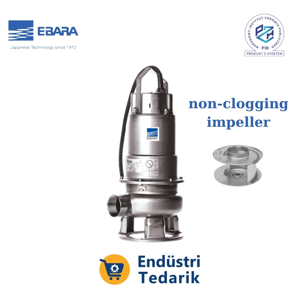 EBARA DW 100 Trifaze Tıkanmaz Fanlı Komple Paslanmaz Atıksu Dalgıç Pompa (AISI 304)